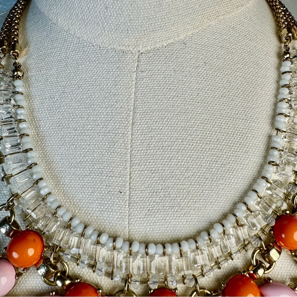 Multicolored Rhinestone and Resin Statement Bib Necklace Pink Orange White Gold - Picture 4 of 8